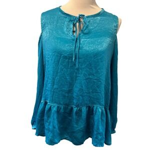 Harlowe & Graham Womens Teal Enamel Cold Shoulder Peplum Tie Neck Blouse S NEW